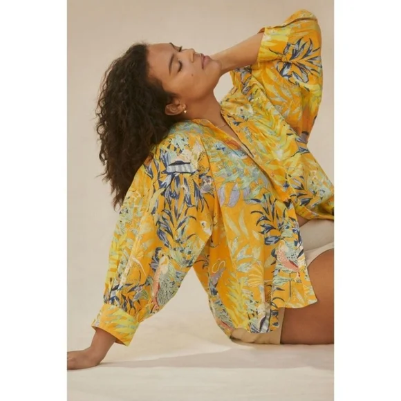 Anthropologie Maeve Yellow Tropical Cotton Lightweight Beach Vacation Buttonup - Picture 3 of 12